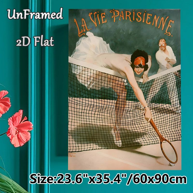 Vintage Parisian Tennis Painting Poster, Retro Art Deco Style "La Vie Parisienne" Tennis Scene Poster, Nostalgic Artistic Piece Ideal For Living Room_maomaolike.com