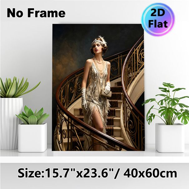 Roaring 20s Flapper Lady Painting Poster, Elegant Vintage Art Deco Style Poster, Glamorous Sequined Dress Figure On Ornate Staircase Brings Retro_maomaolike.com