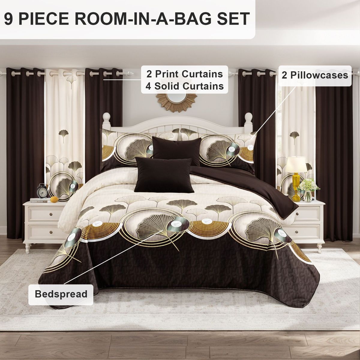 9 Piece Soft All-Season Washed Microfiber Cover Set , Queen/King/Calking Bedding Set With Pillowcases,Bedspread Print Curtains & Solid Curtains,Print, Moisture-Wicking, Soft ,Cooling, Easy Care_maomaolike.com