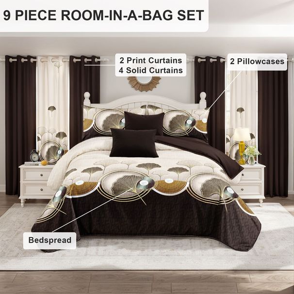 9 Piece Soft All-Season Washed Microfiber Cover Set , Queen/King/Calking Bedding Set With Pillowcases,Bedspread Print Curtains & Solid Curtains,Print, Moisture-Wicking, Soft ,Cooling, Easy Care_maomaolike.com