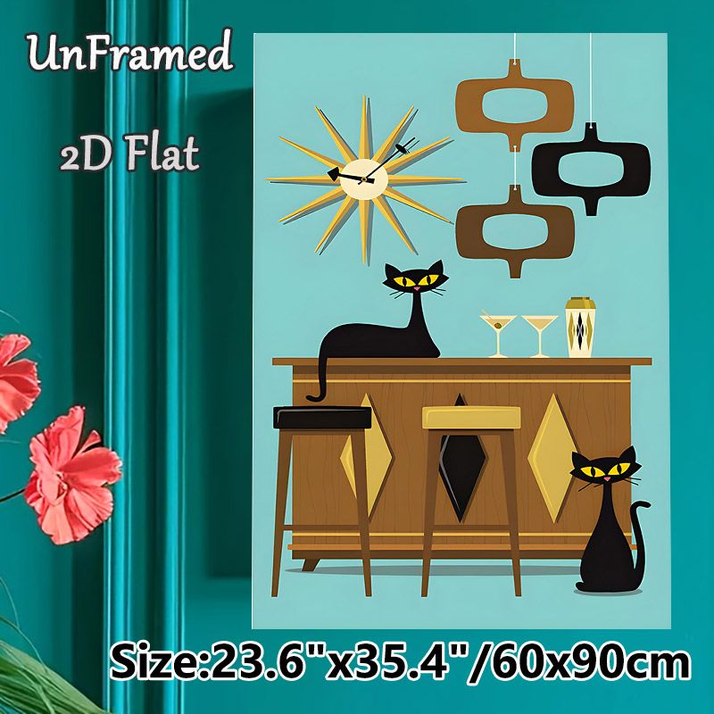 Mid-Century Modern Black Cat Bar Painting Poster, Vintage Stylized Retro Bar Scene Poster, Nostalgic Mid-century Themed Art, Ideal For Home Bar_maomaolike.com