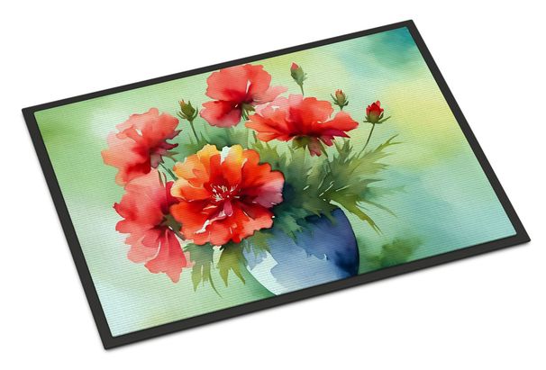 Ohio Scarlet Carnations In Watercolor Doormat Front Door Mat Indoor Outdoor Rugs For Entryway, Non Slip Washable Low Pile, 24H X 36W_maomaolike.com