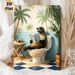 Humorous Beach Sea Lion Painting Poster, Whimsical Tropical Scene Poster, Funny Sea Lion In Sunglasses Reading Newspaper On Toilet, Lighthearted_maomaolike.com