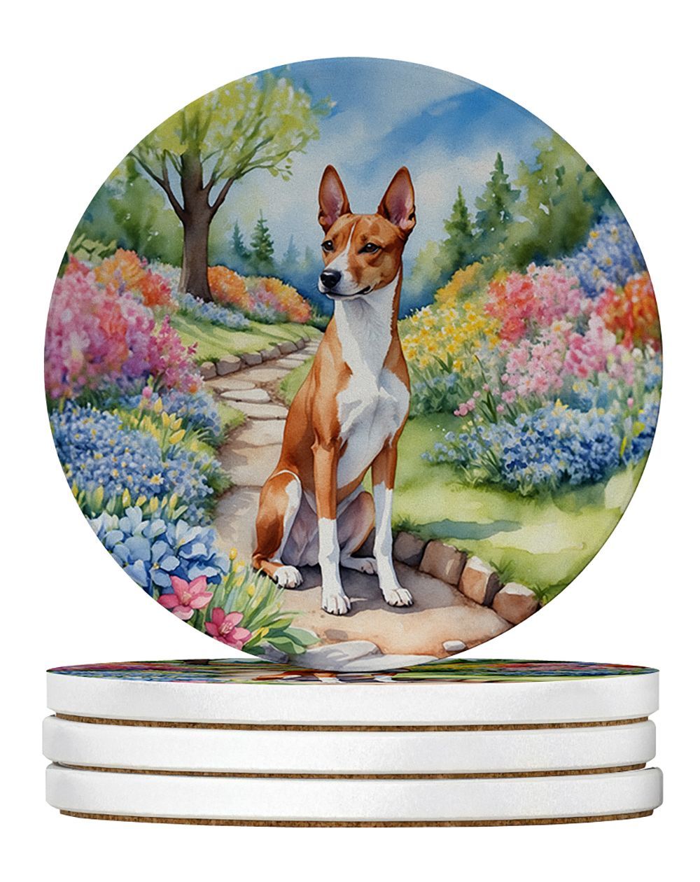 Basenji Spring Garden Large Sandstone Coasters Pack Of 4 Absorbent Round Coasters Decor Gifts For Men Or Women, 4 In, Multicolor_maomaolike.com