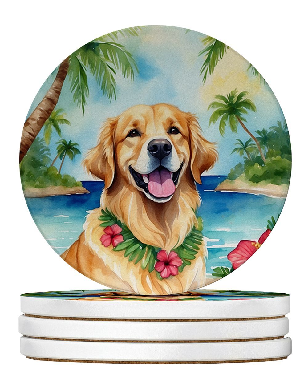 Golden Retriever Luau Large Sandstone Coasters Pack Of 4 Absorbent Round Coasters Decor Gifts For Men Or Women, 4 In, Multicolor_maomaolike.com