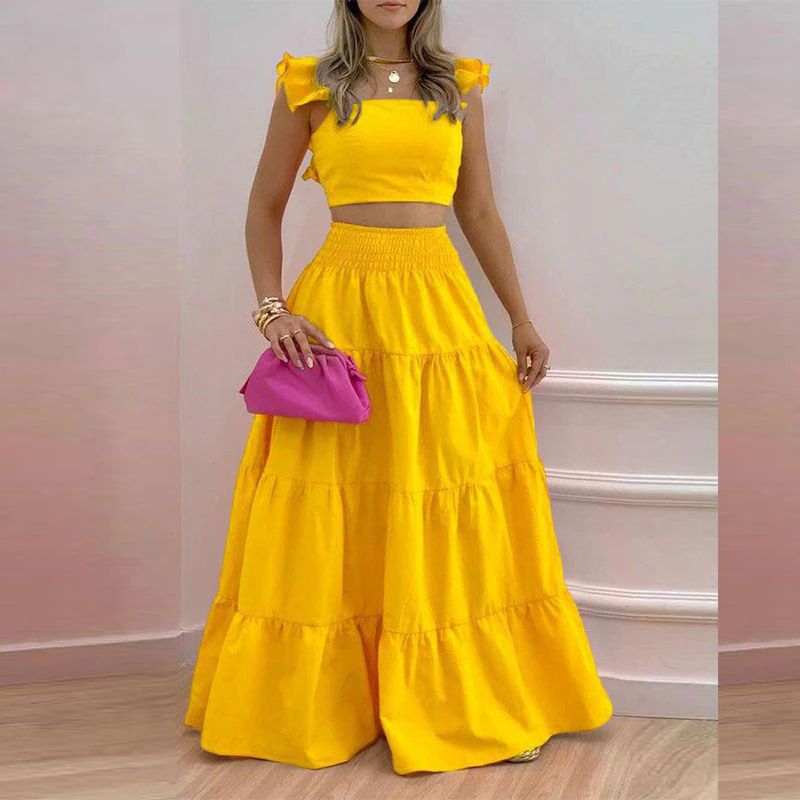 Women's Solid Color Mid-Waist Two Piece Set Sexy Strap Trendy Dress Spring/Summer Casual Ankle-Length Straight Skirt_maomaolike.com