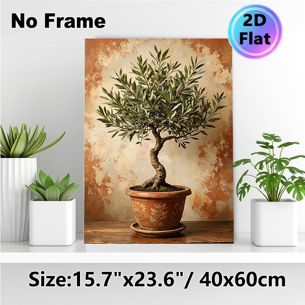 Olive Bonsai Painting Poster, Oil-painting Style Textured Potted Olive Tree Poster, Calming Natural Decor Ideal For Living Room, Dining Area_maomaolike.com