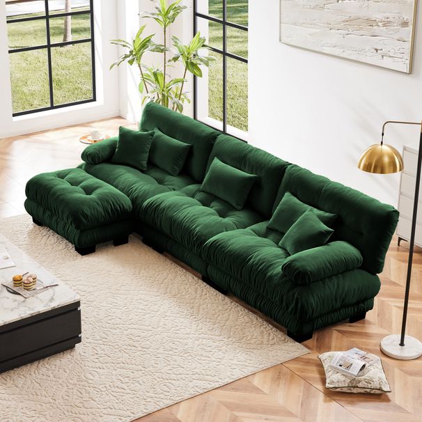 Luxury Modular Sectional Sofa Couch,Oversized L Shaped Cloud Couch For Living Room,Deep Seat Sofa Couch With Convertible Ottoman,Chenille Green_maomaolike.com