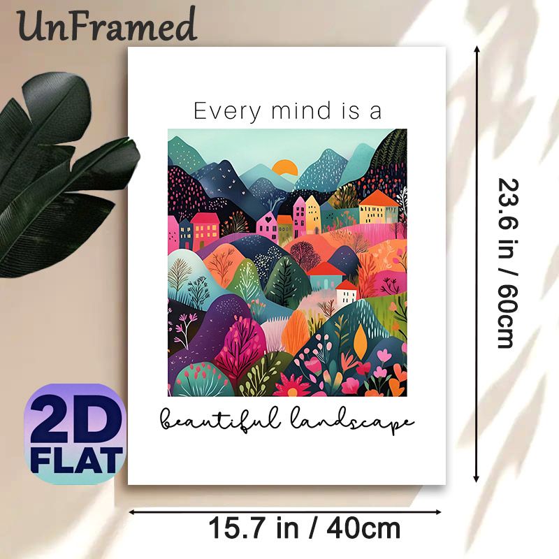 Whimsical Village Landscape Painting Poster, Vibrant Folk Art Style Poster, Colorful Hills & Houses With Inspirational Quote, Charming Wall Decor For_maomaolike.com