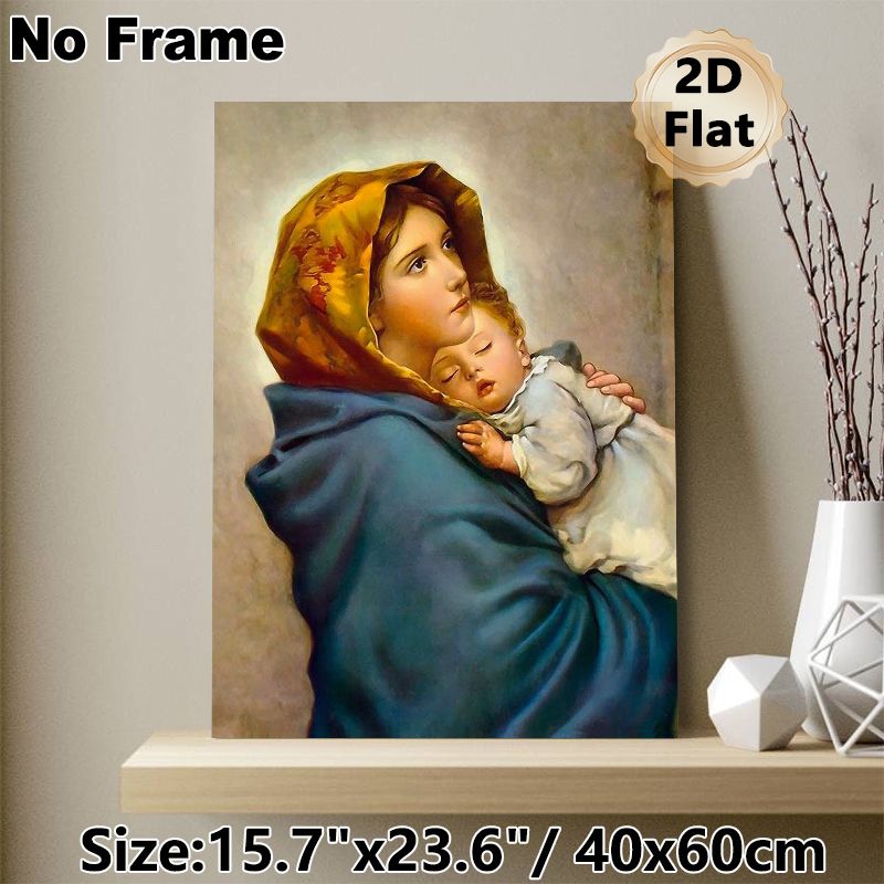 Virgin Mary With Infant Jesus Painting Poster, Warm-toned Traditional Religious Art Poster, Serene Gentle Depiction, Ideal For Home And Prayer Room_maomaolike.com