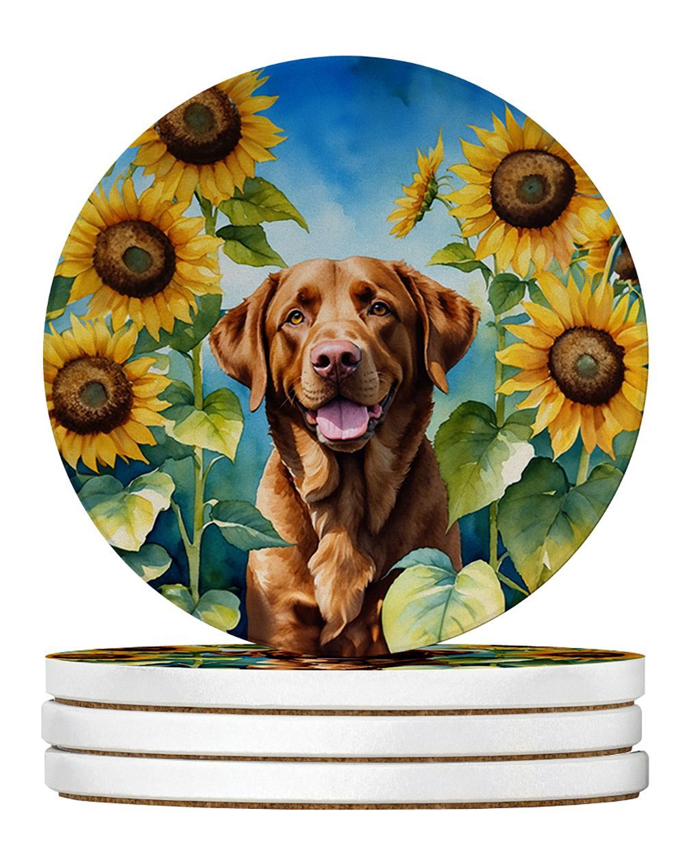 Chesapeake Bay Retriever In Sunflowers Large Sandstone Coasters Pack Of 4 Absorbent Round Coasters Decor Gifts For Men Or Women, 4 In, Multicolor_maomaolike.com