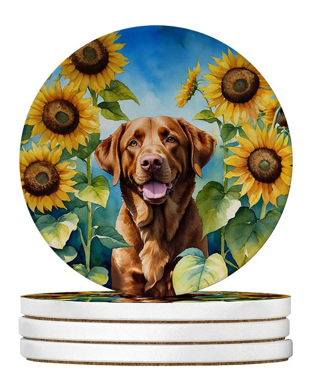 Chesapeake Bay Retriever In Sunflowers Large Sandstone Coasters Pack Of 4 Absorbent Round Coasters Decor Gifts For Men Or Women, 4 In, Multicolor_maomaolike.com