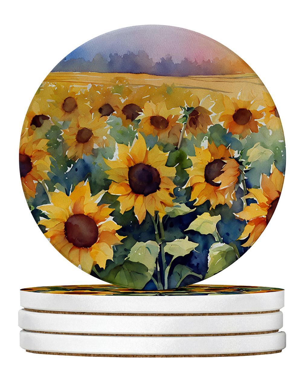 Sunflowers In Watercolor Large Sandstone Coasters Pack Of 4 Absorbent Round Coasters Decor Gifts For Men Or Women, 4 In, Multicolor_maomaolike.com