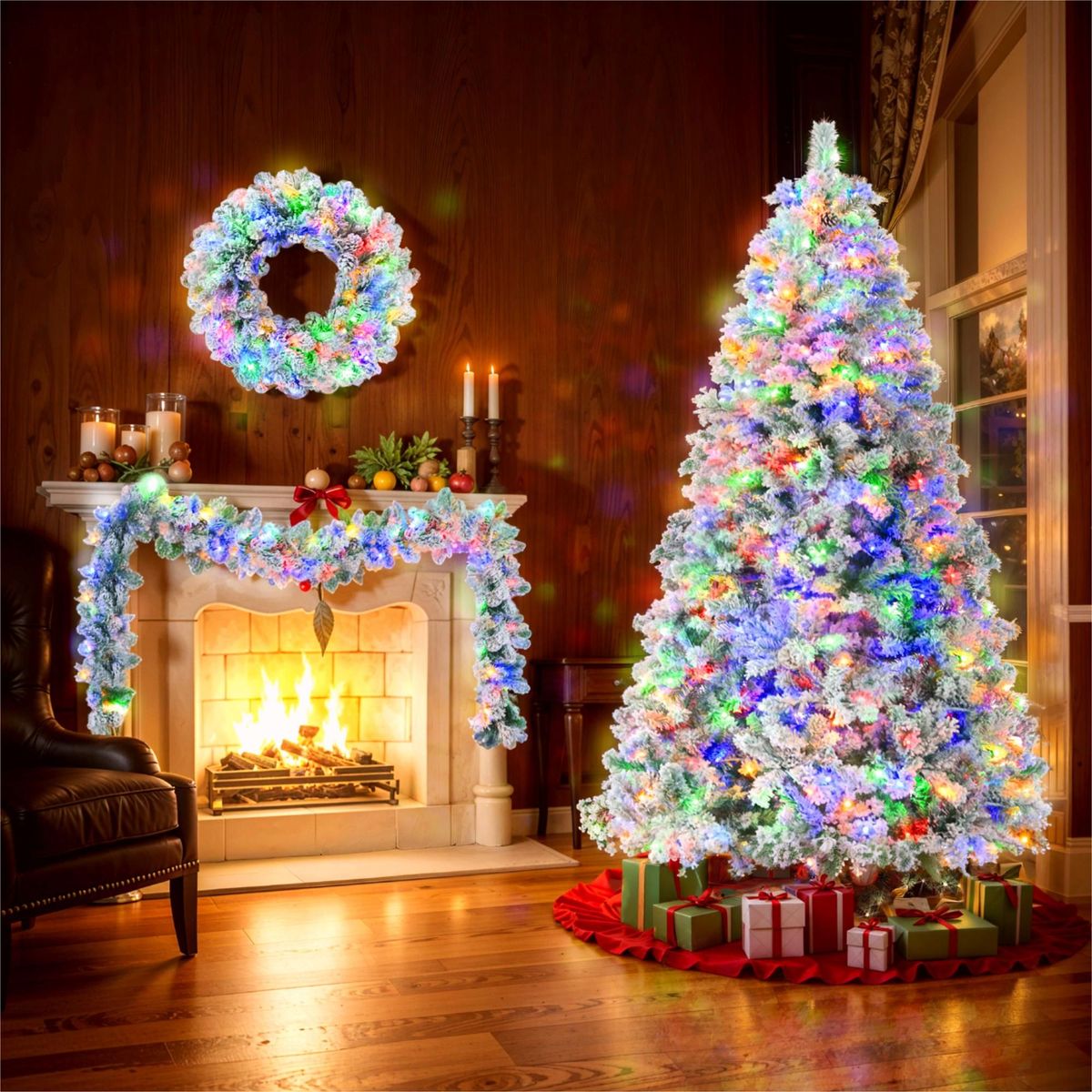 6FT Snow Flocked Christmas Tree, Pre-Lit Set With Tree & Garland & Wreath, Artificial Hinged Xmas Tree With Colorful LED Lights, 8 Lighting Modes, Pine Cones, Holiday Décor For Home_maomaolike.com