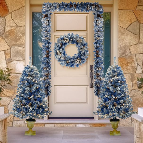 Pre-lit Xmas Tree Artificial Christmas 4-Piece Set,Garland, Wreath And Set Of 2 Entrance Trees X-mas With LED Lights, Christmas Tree_maomaolike.com