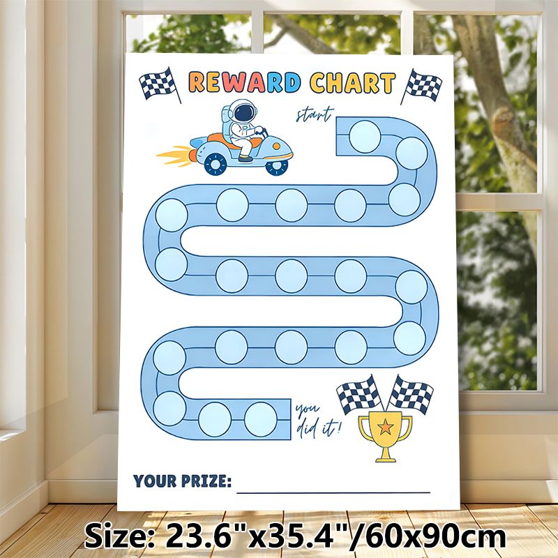 Astronaut Race Themed Reward Chart Painting Poster, Cute Cartoon Style Spaceman Driving Rocket Car On Track Poster, Practical Progress-tracking Option_maomaolike.com