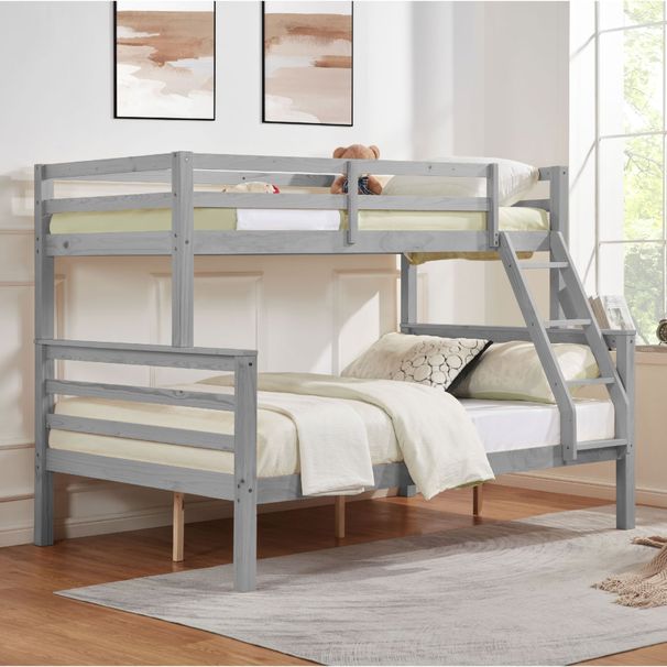 Twin Over Full Bunk Bed With Thick Posts,Wooden Bunk Bed With High Guardrail And Ladder For Kids, Teens, Dorm Rooms, And Guest Rooms,No Box Spring Needed,Grey_maomaolike.com
