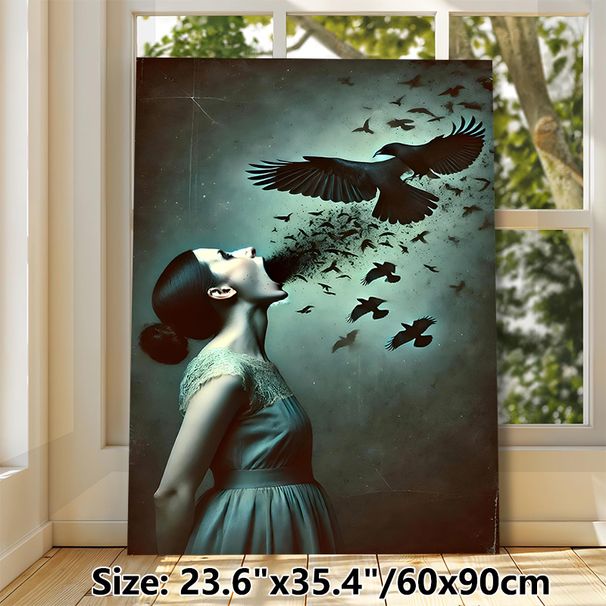 Surreal Crow & Woman Painting Poster, Mysterious Dark Surreal Art Poster, Unique Expressive Design Ideal For Living Room, Art Studio And Modern_maomaolike.com