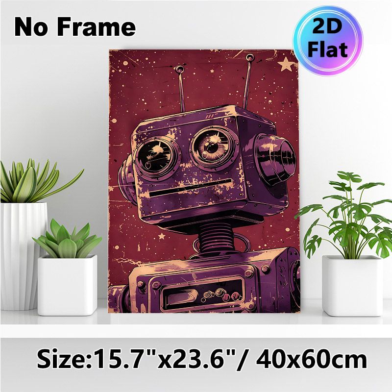 Vintage Robot Painting Poster, Retro Distressed Purple Robot Art Poster, Nostalgic Industrial-style Decor Suitable For Home Office, Game Room_maomaolike.com