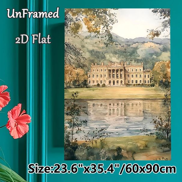 Mansion Waterscape Painting Poster, Soft Watercolor Style Poster, Elegant Lakeside Manor With Rolling Hills & Lake Reflection, Tranquil Scenic Artwork_maomaolike.com