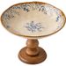 9-Inch Vintage Pedestal Fruit Bowl - Hand-Painted Blue Hibiscus Ceramic On Solid Wood Base, Elegant Serving Tray For_maomaolike.com