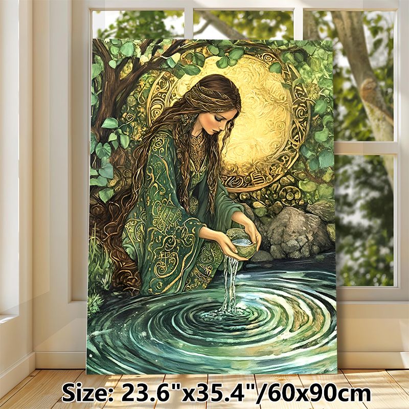 Forest Goddess Painting Poster, Mystical Intricate Vintage Art Poster, Serene Forest Scene With Goddess Pouring Water, Ideal For Living Room And_maomaolike.com