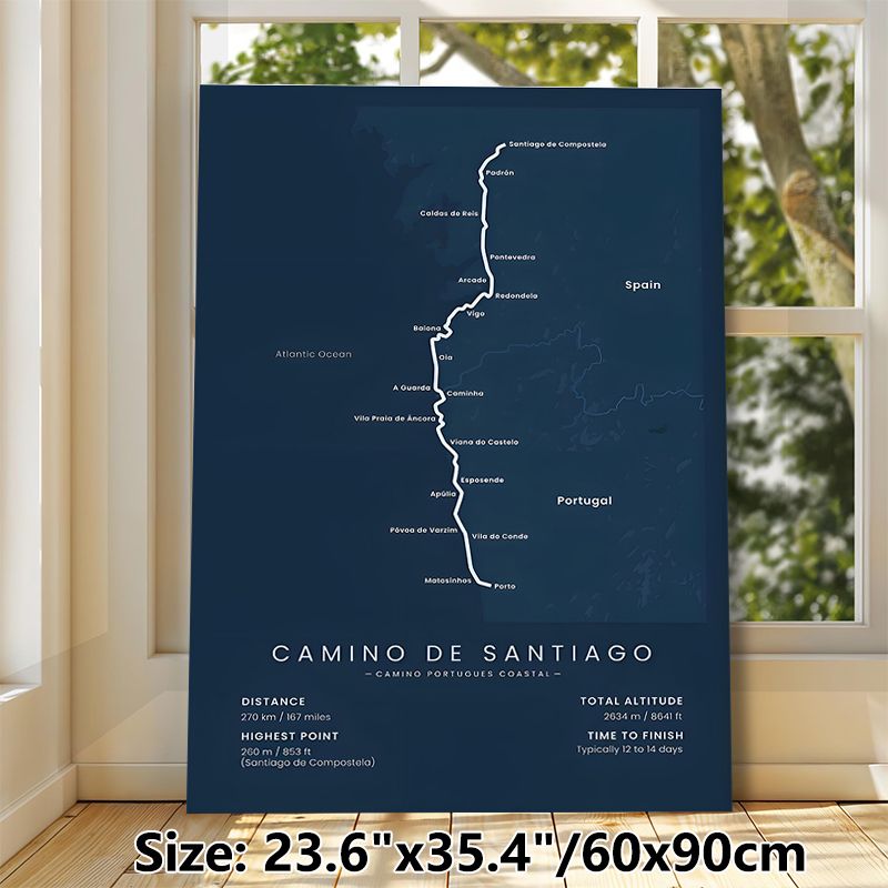 Camino De Santiago Coastal Route Painting Poster, Sleek Dark Blue Map Poster, Clear Hiking Route & Essential Data Display, Ideal For Home Wall Decor_maomaolike.com
