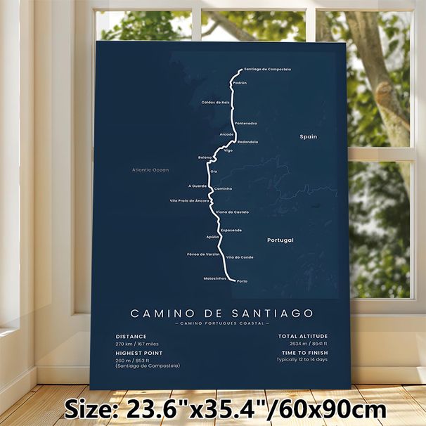 Camino De Santiago Coastal Route Painting Poster, Sleek Dark Blue Map Poster, Clear Hiking Route & Essential Data Display, Ideal For Home Wall Decor_maomaolike.com