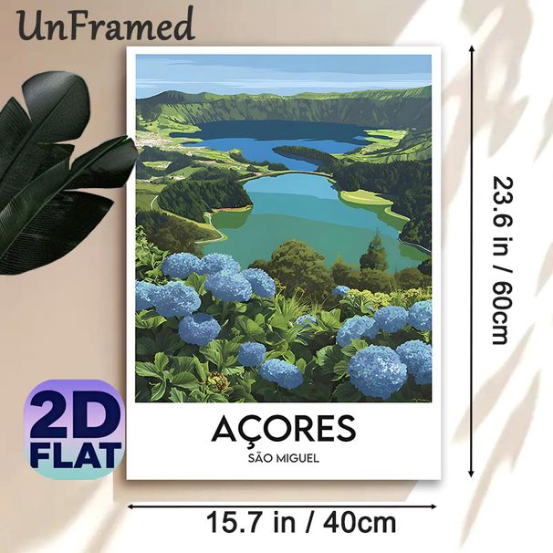 Azores São Miguel Lake & Hydrangea Painting Poster, Lush Scenic Landscape Poster, Serene Natural View Decor Ideal For Home, Living Room And Office_maomaolike.com