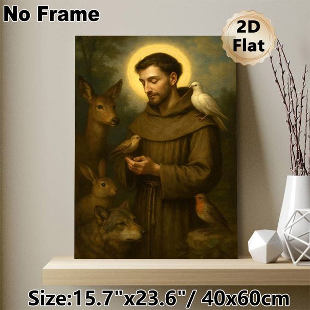 Saint Francis With Wildlife Painting Poster, Classic Oil Painting Style Poster, Peaceful Spiritual Artwork Featuring Saint Surrounded By Gentle Forest_maomaolike.com