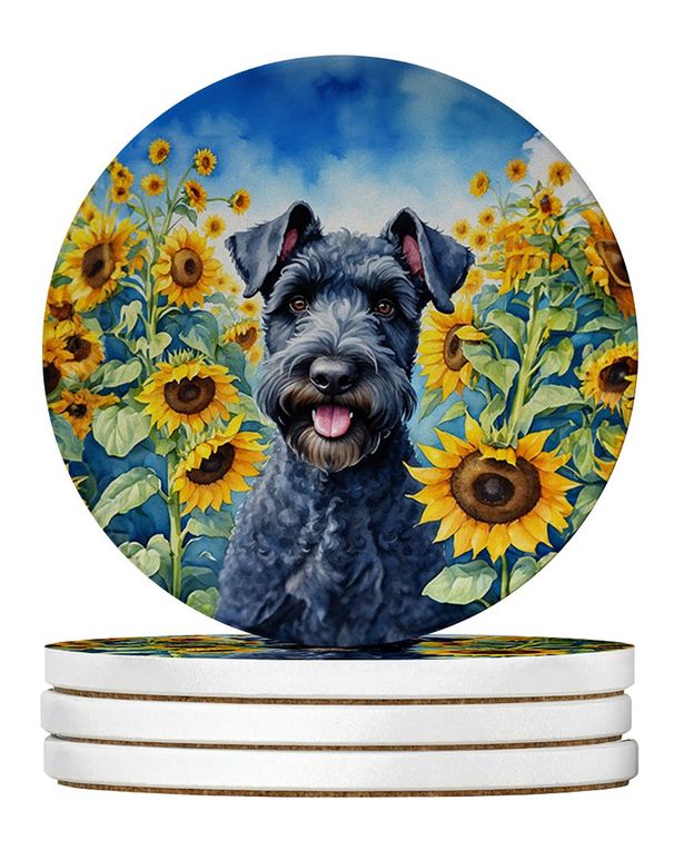 Kerry Blue Terrier In Sunflowers Large Sandstone Coasters Pack Of 4 Absorbent Round Coasters Decor Gifts For Men Or Women, 4 In, Multicolor_maomaolike.com