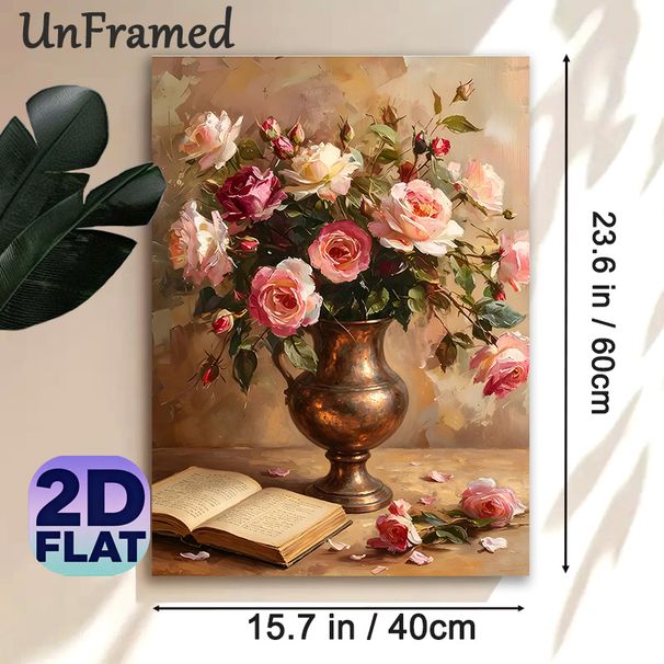 Rose Still Life Painting Poster, Vintage-style Oil Painting Of Pink & Burgundy Roses In Metallic Vase With Open Book Poster, Elegant Classic Floral_maomaolike.com