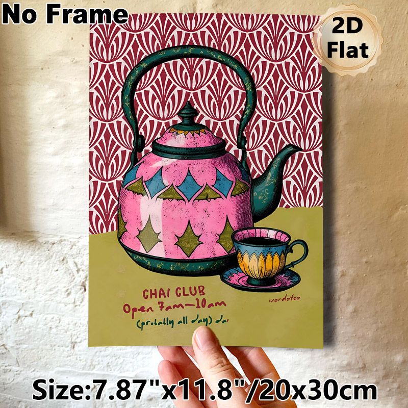 Chai Club Tea Set Painting Poster, Vibrant Vintage Teapot & Teacup Illustration Poster, Brings Cozy Tea-time Vibe, Ideal For Kitchen And Dining Room_maomaolike.com