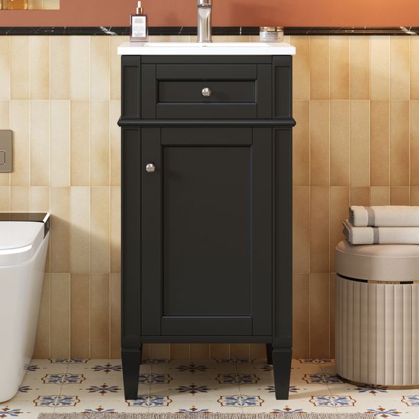 16-inch Bathroom Vanity With Ceramic Sink, Freestanding Single Vanity Set With Soft Closing Door, Adjustable Shelf, French Style, Solid Feet, Black_maomaolike.com