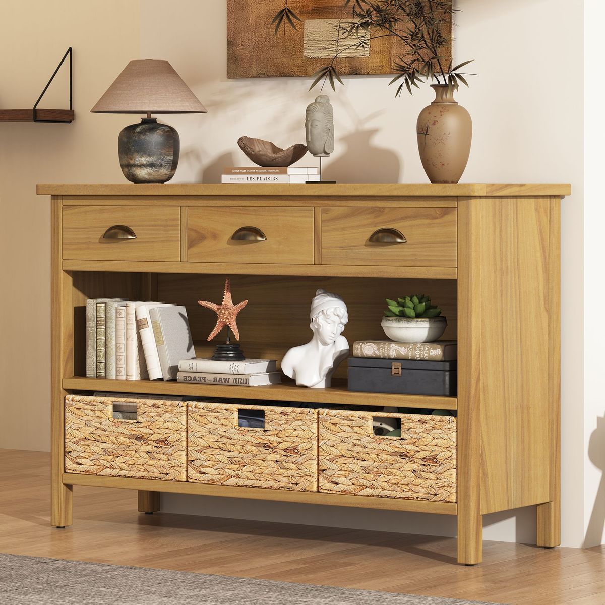 Vintage Console Table With Drawers,Water Hyacinth Woven Baskets,Multi-Color Options,Ideal For Entryway And Living Room_maomaolike.com