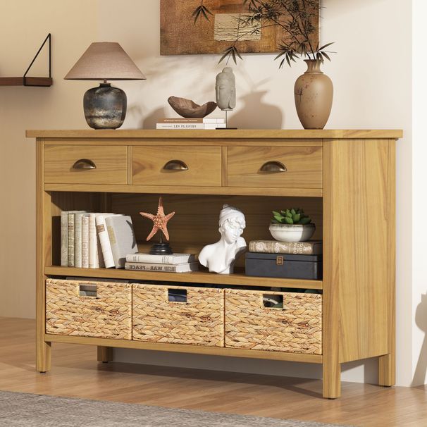 Vintage Console Table With Drawers,Water Hyacinth Woven Baskets,Multi-Color Options,Ideal For Entryway And Living Room_maomaolike.com