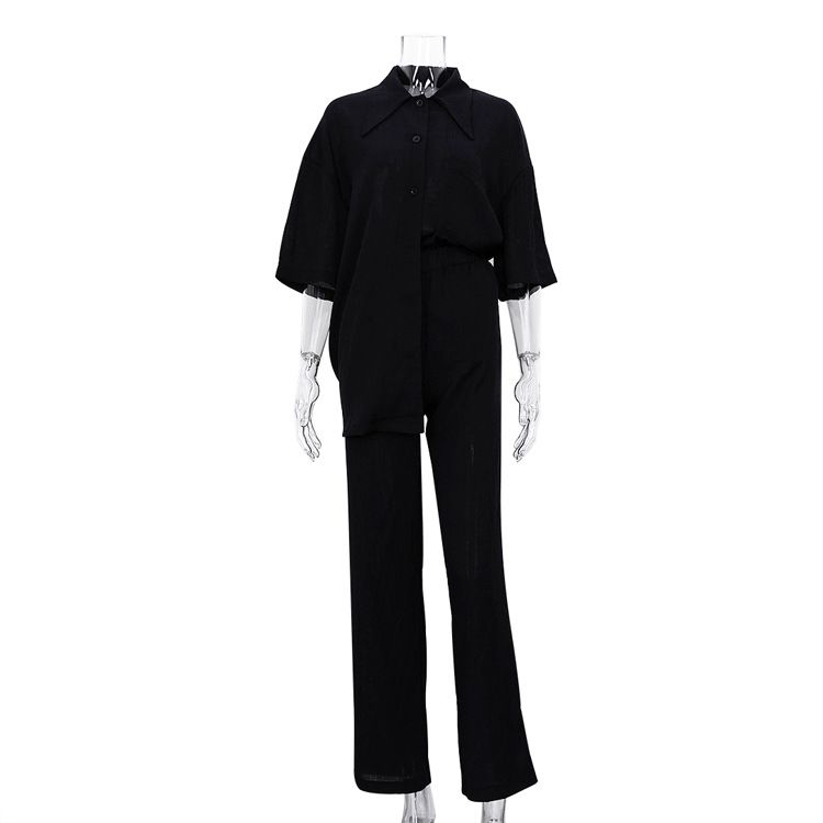 Women's Clothing New Arrival Half Sleeve Shirt Simple Brown Two-Piece Casual Loosen Pants Set_maomaolike.com