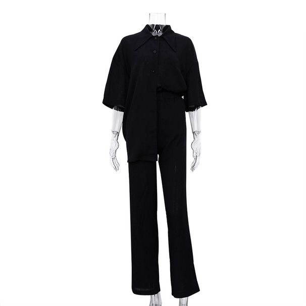 Women's Clothing New Arrival Half Sleeve Shirt Simple Brown Two-Piece Casual Loosen Pants Set_maomaolike.com