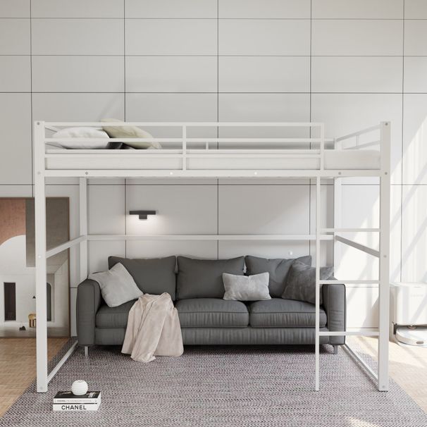 Metal Loft Bed Full Size, Loft Bed Frame With Safety Guard Rails & Flat Ladder, Twin Loft Bed For Kids Teens Adults, White_maomaolike.com