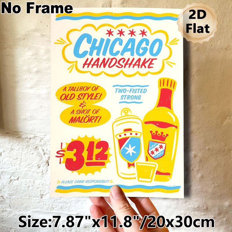 Chicago Handshake Painting Poster, Vibrant Retro Graphic Poster, Eye-catching Drink Combo Print, Suitable For Bars, Diners And Casual Home_maomaolike.com