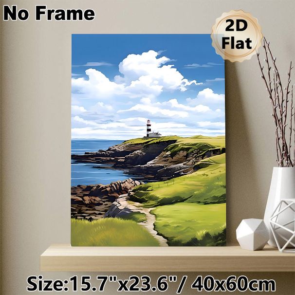 Coastal Lighthouse Painting Poster, Vibrant Idyllic Coastal Landscape Poster, Peaceful Ocean-side Artwork Ideal For Living Room, Bedroom Or Office_maomaolike.com