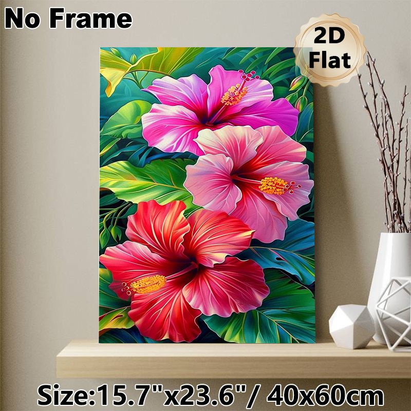 Hibiscus Themed Painting Poster, Vibrant Colorful Tropical Floral Poster, Features Vivid Hibiscus Blooms With Lush Green Foliage, Ideal For Living_maomaolike.com