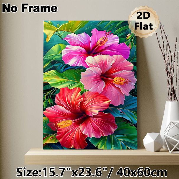 Hibiscus Themed Painting Poster, Vibrant Colorful Tropical Floral Poster, Features Vivid Hibiscus Blooms With Lush Green Foliage, Ideal For Living_maomaolike.com