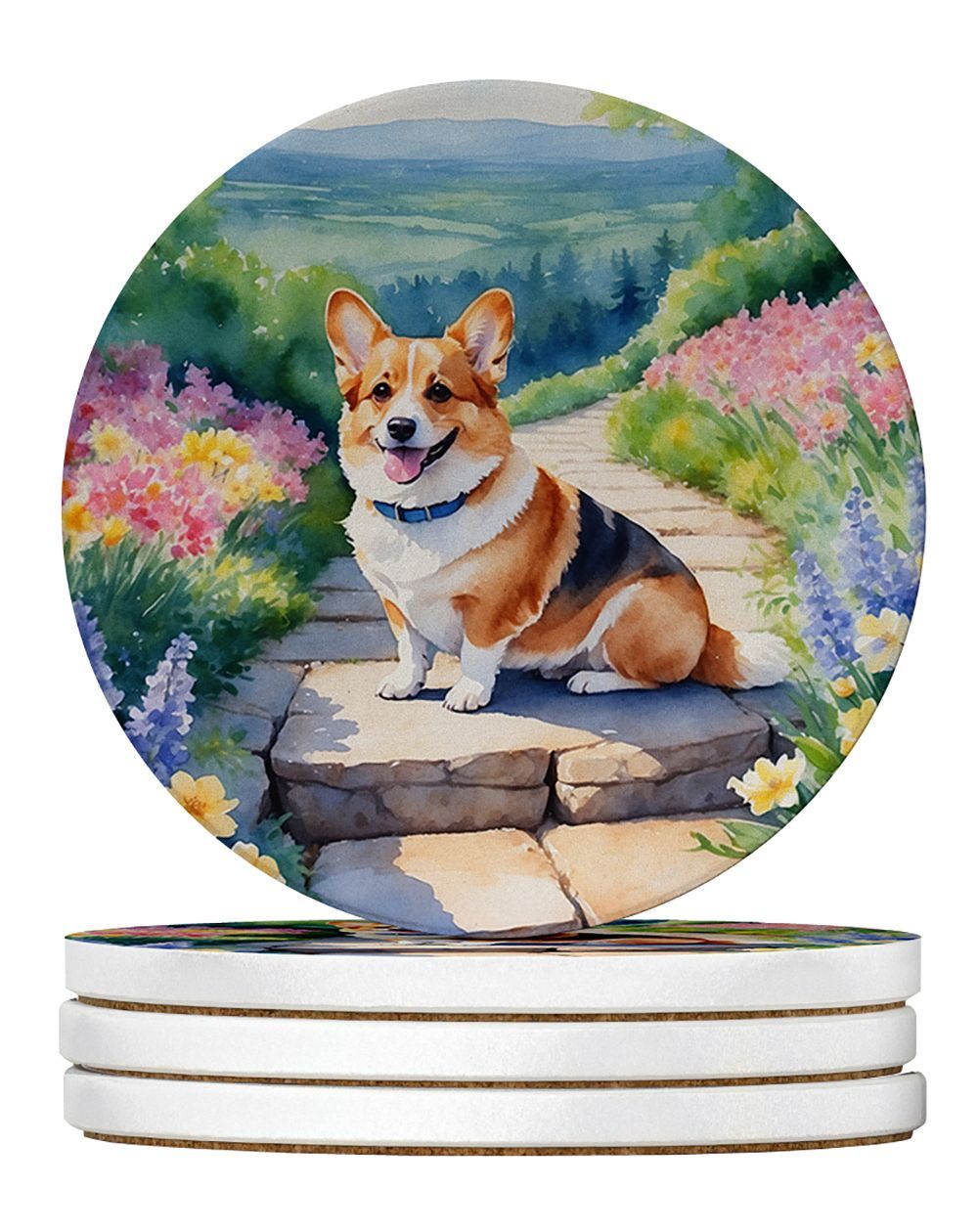 Corgi Spring Path Large Sandstone Coasters Pack Of 4 Absorbent Round Coasters Decor Gifts For Men Or Women, 4 In, Multicolor_maomaolike.com