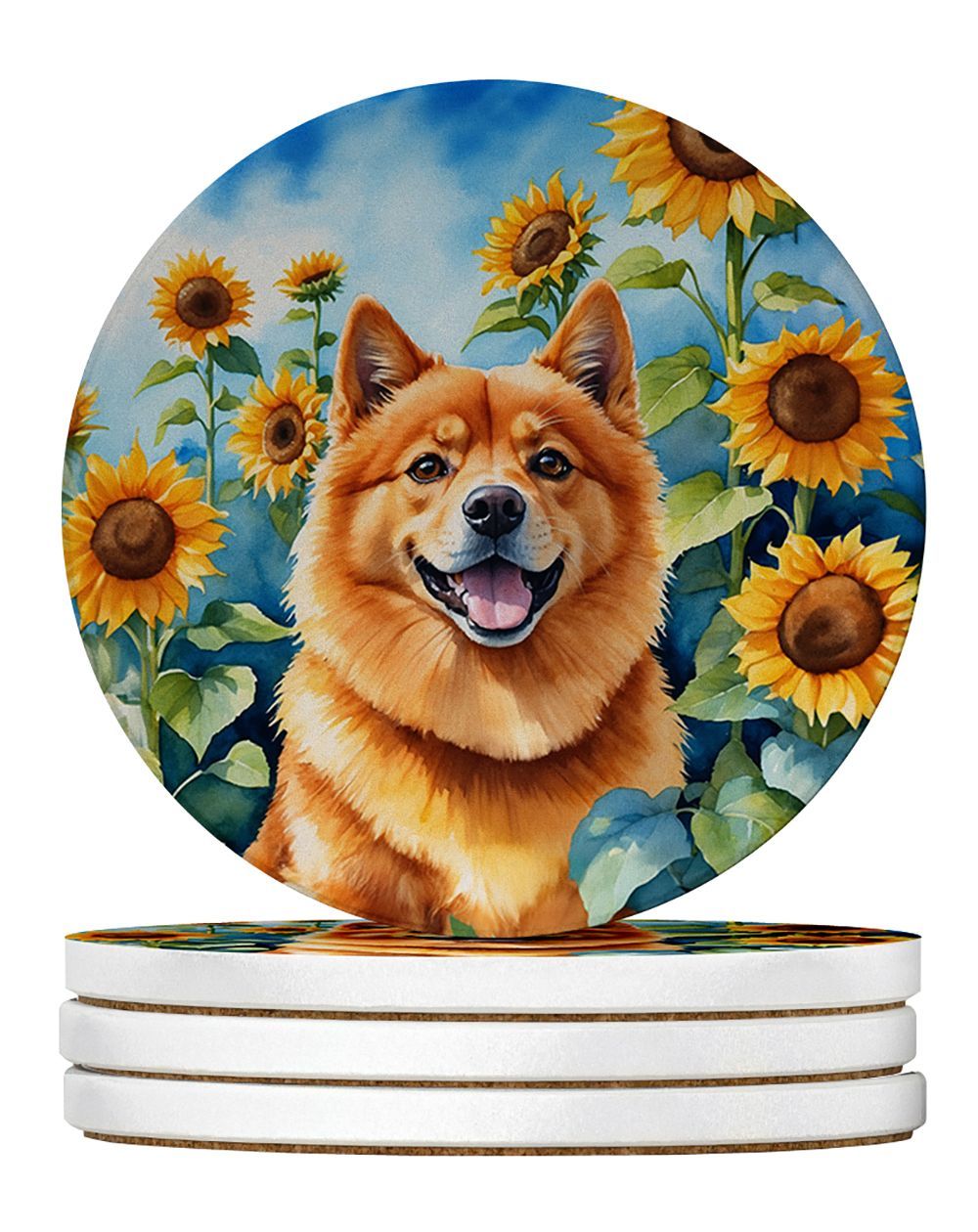 Finnish Spitz In Sunflowers Large Sandstone Coasters Pack Of 4 Absorbent Round Coasters Decor Gifts For Men Or Women, 4 In, Multicolor_maomaolike.com