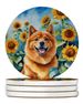 Finnish Spitz In Sunflowers Large Sandstone Coasters Pack Of 4 Absorbent Round Coasters Decor Gifts For Men Or Women, 4 In, Multicolor_maomaolike.com
