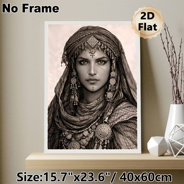 Ethnic Female Portrait Painting Poster, Vintage Sepia-toned Tribal Ornamented Lady Poster, Exquisite Cultural Art Piece For Living Room, Bedroom Wall_maomaolike.com