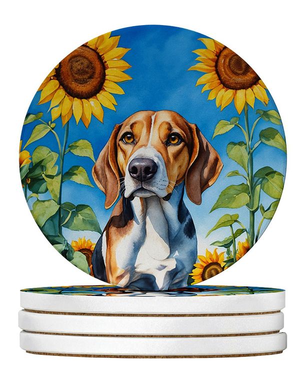 American Foxhound In Sunflowers Large Sandstone Coasters Pack Of 4 Absorbent Round Coasters Decor Gifts For Men Or Women, 4 In, Multicolor_maomaolike.com