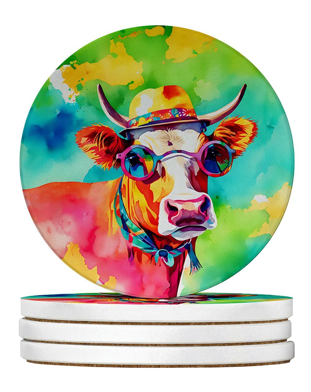 Hippie Animal Malvi Cow Large Sandstone Coasters Pack Of 4 Absorbent Round Coasters Decor Gifts For Men Or Women, 4 In, Multicolor_maomaolike.com