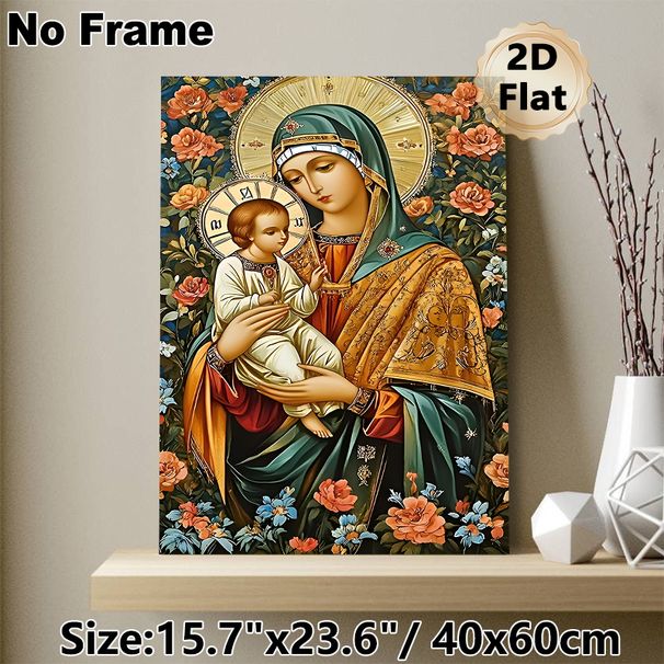 Virgin Mary And Child Religious Painting Poster, Exquisite Traditional Sacred Icon Style Poster, Serene Spiritual Artwork Surrounded By Vivid Florals_maomaolike.com